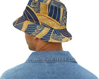 Japanese Aesthetic Bucket Hat Blue and Gold Summer Hair Accessories Japan Fashion Trendy Headwear Beach Hat Fashion Unisex Hat Streetwear