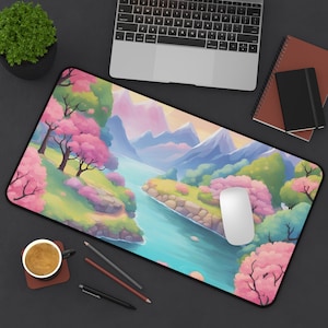 Könnte beinhalten: Eine farbenfrohe Mauspad mit einer Landschaftsszene mit Bergen, einem Fluss und rosa Kirschblütenbäumen. Die Mauspad ist für die Verwendung mit einer Computermaus konzipiert.