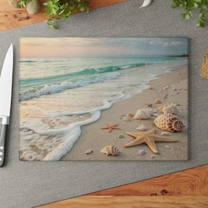 Coastal Glass Cutting Board Beach Theme with Seashells & Sand Summer Kitchen Decor Nautical Gift for Mom Dad Housewarming Beach Lover Water