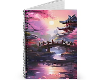Könnte beinhalten: Eine farbenfrohe Illustration eines japanischen Gartens mit einem roten Pagodentempel, einer Holzbrücke über einem Bach und rosa Kirschblüten.