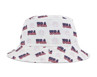 May include: White bucket hat with a pattern of red, white, and blue USA text and fireworks.