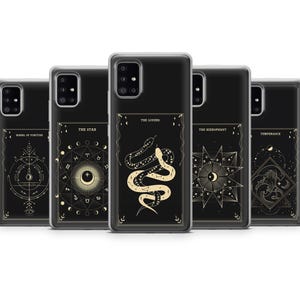 Étui pour portable noir avec carte de tarot, design esthétique sombre pour iPhone 16e, 15, 14, 13, Pixel 9 Pro, 8, 7A, Samsung S25 edge, S24 FE