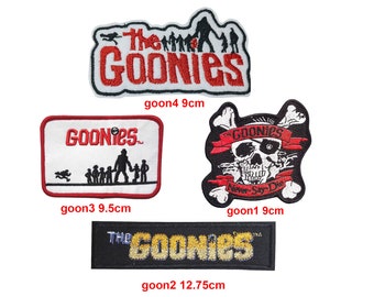 Goonies Movie Never Say Die Skull Face, Title in Yellow, Embroidered, Applique pattern, Decorative Patch Embroidered iron/sew on Patch Badge