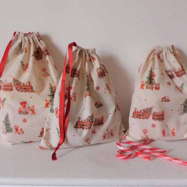 Sac cadeau Pochon en tissu de Noël pochon pochette cadeau réutilisable en coton