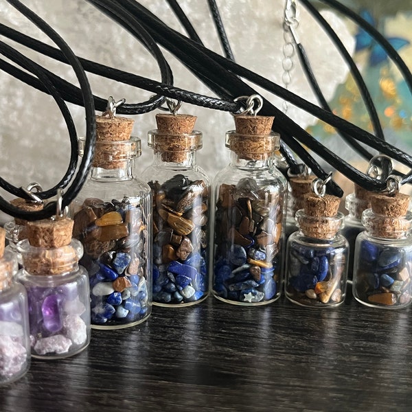Crystal Jar Jewelry Pendants ~ Tigers Eye Chips ~ Lapis Lazuli Chips ~ Lepidolite Chips ~ Amethyst Chips ~ Handmade Crystal Necklaces