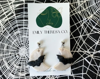 Halloween Clay Earrings, Silver Shimmer Bat Moon Dangles, Celestial Moon Dangle Earrings, Polymer Clay Moons, Gifts for Her Sales
