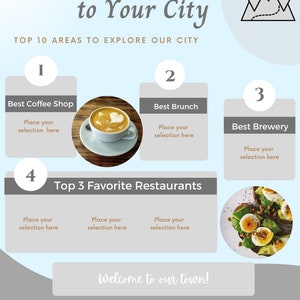 May include: A light blue and gray graphic with the text "Local Guide to Your City" and "Top 10 Areas to Explore Our City". The graphic features a map icon with three pins and a list of local businesses, including a coffee shop, brunch spot, brewery, and restaurants.