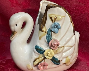 Capodimonte Style Porcelain Swan Vase or Planter Hand Painted Made in 1980's Pink and Yellow Roses