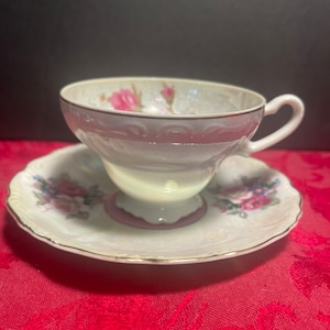 Vintage Bone China Lusterware Teacup and Saucer Made in Japan Purple Roses