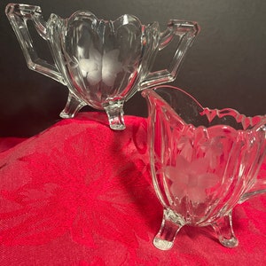 Vintage Etched Flower Indiana Glass Creamer and Sugar Bowl Set MCM