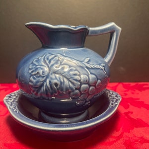 Vintage Hand Painted Blue Pottery Wash Basin Pitcher and Bowl Made in Japan