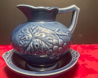 Vintage handgemalte blaue Keramik Waschbecken Krug und Schüssel Made in Japan