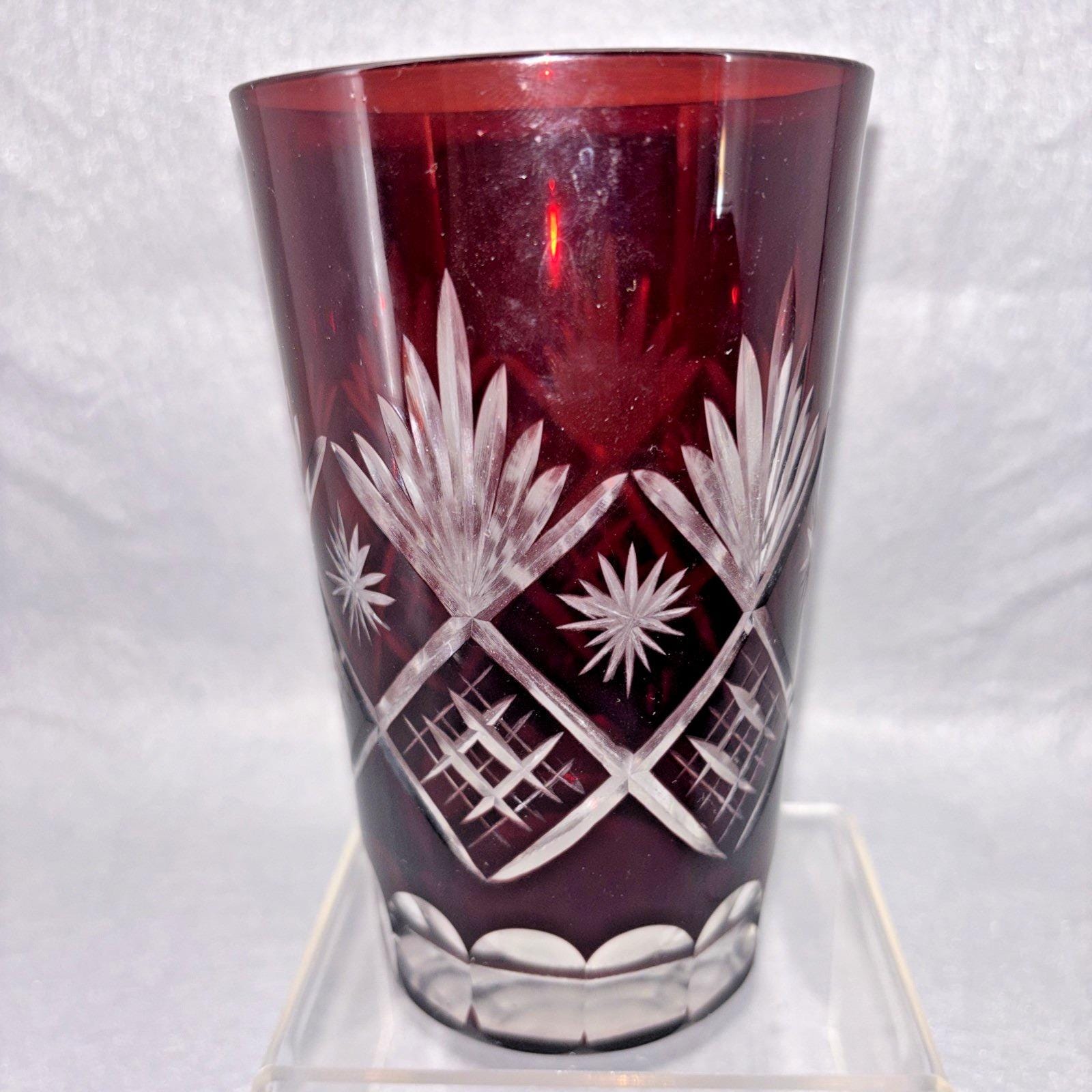 Vintage Bohemia Lead Crystal Ruby Red Cut to Clear Highball Glass