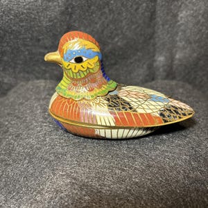Vintage MCM Cloisonné Enamel Brass Duck Or Bird Trinket Jewelry Box
