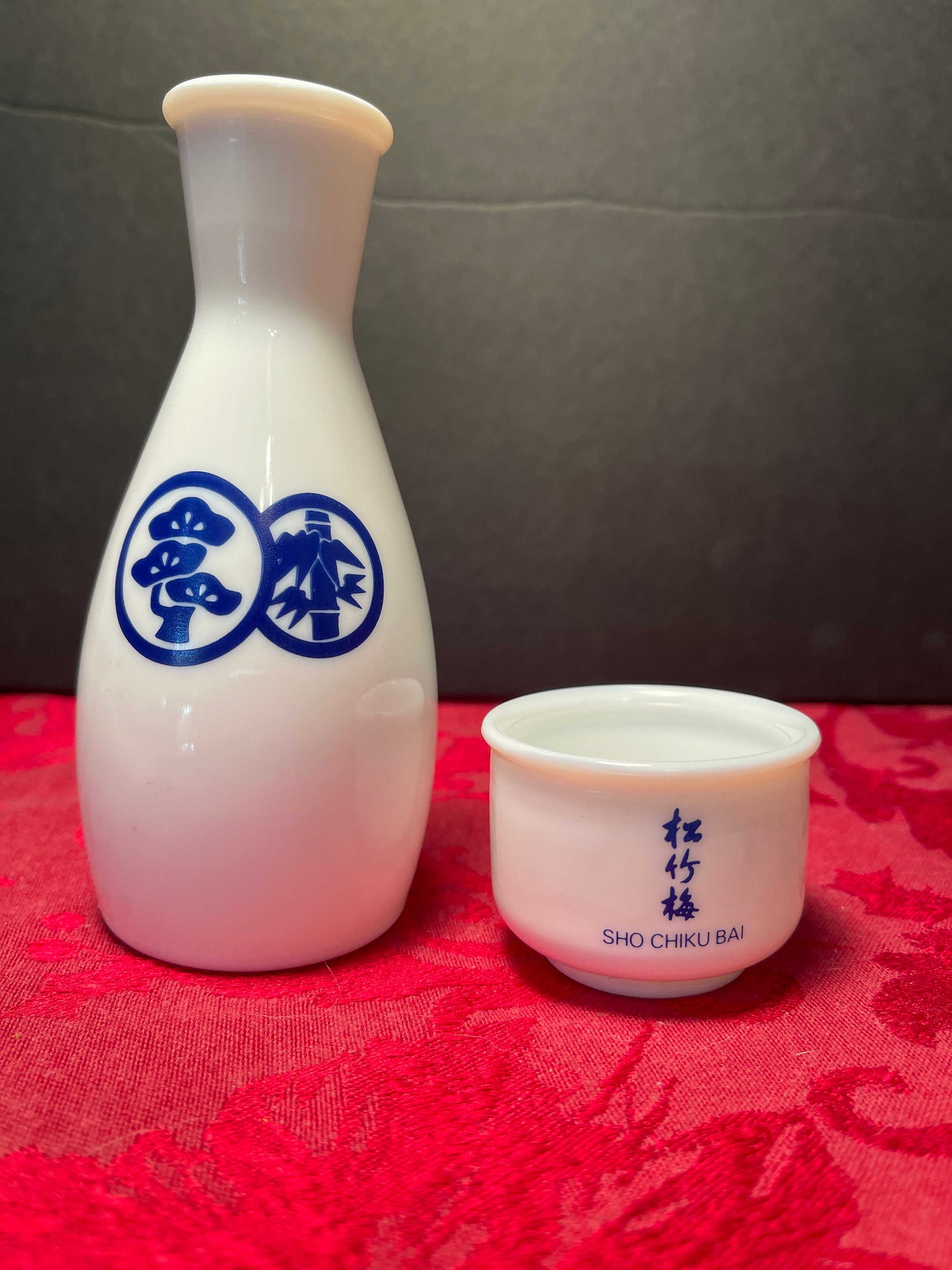 Japanese Sho Chiku Bai Saki Set Blue and White Decanter and