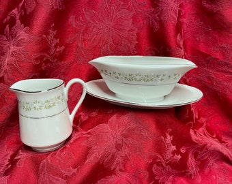 Berkeley House Fine China Creamer and Gravy Boat with Attached Under-plate June Bride Pattern #6150 Made in Japan