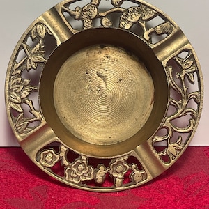 Vintage Solid Brass Ashtray Multi Floral Patterns 1970&#39;s