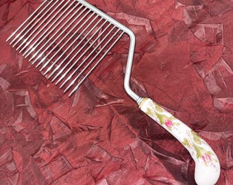 Vtg Stainless Cake Breaker Slicer Server Porcelain Handle Hand Painted England