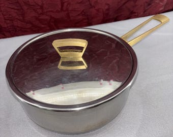 Vtg Monix  Acero INOX 18/10 Stainless 2 qt Saucepan W/LID Retro Brass Handle EUC