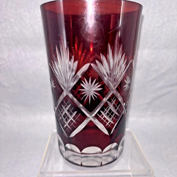 Vintage Bohemia Lead Crystal Ruby Red Cut to Clear Highball Glass