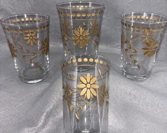 Vintage Pasabahce Juice Glasses Gold Hand Painted Pressed Flowers Made In Turkey