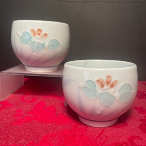 Japanese Porcelain Hand Painted Saki Cups Delicate Orchids Set of 2