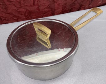 Vtg Monix  Acero INOX 18/10 Stainless 1 qt Saucepan W/LID Retro Brass Handle EUC