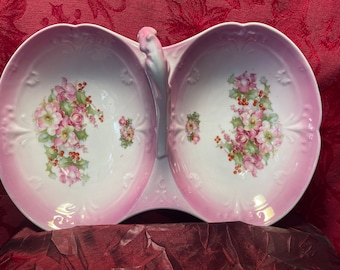 Plato para servir con diseño floral rosa de dos lados de CT Carl Tielsch, antiguo, fabricado en Alemania