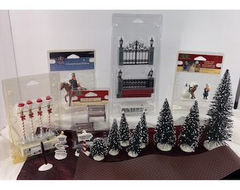 Village de Noël LEMAX vintage, lot de 17 figurines accessoires sapins 1993-2006