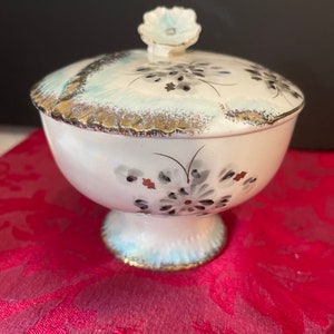 Vintage 1950&#39;s Porcelain Covered Trinket  Candy Dish Made in Japan Hand Painted