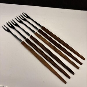 Vintage Japan MCM Fondue Forks Stainless Steel Teak Wood Handle 12 Set of 6