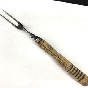 Antique 2 Prong Steel Fork  Primitive Wood Handle Early 20th Century 9 inch