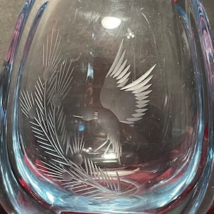 Vintage Kosta Boda Blue Glass Vase with Etched Bird in Flight Made in Sweden 1960&#39;s