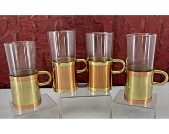 Juego de 4 tazas de café irlandés y turco Beucler Vintage de cobre, latón, vidrio y corcho, en excelente estado (2 tonos).