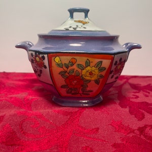 Antique 1930&#39;s Takita T&T Blue and Peach Lusterware Sugar bowl with lid