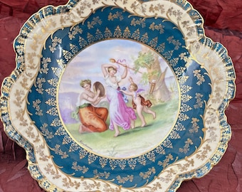 Centro de mesa de porcelana VTG Victoria Austria Kaufmann Maidens Cupid Teal EUC