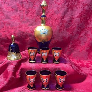 Vintage Murano Cobalt Blue Gold Floral Decanter Cordial Glass Set Candle Snuffer