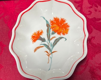 Vintage Hollohaza Hungary Orange Floral Porcelain Dish Scalloped Edge 1960's