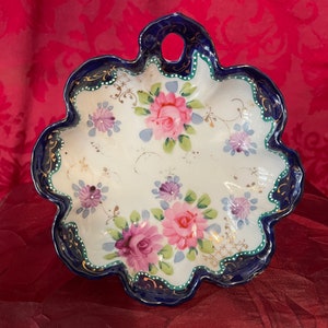 Antique Japanese Nippon Hand Painted Nappy Nut Dish Cobalt Blue Pink Roses