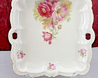 Plato cuadrado de porcelana antigua RM Bavaria con asas empotradas y diseño floral rosa.