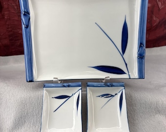 Platos para sashimi y salsa con diseño vintage de bambú azul y blanco, años 70, Japón, 3 piezas