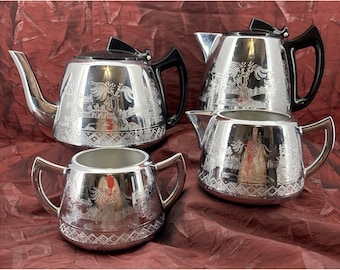 Swan Brand Willo Ware Swan Cromalin Tea Set Willow Design Vintage 1960s Rare 4pc