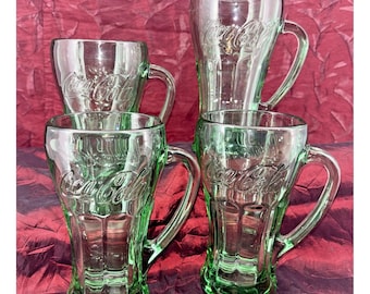 4 Vintage Libby Green Coca-Cola Thick Heavy Glasses with Mug Handle 14 oz EUC