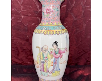Vintage chino anciano Zhongguo Jingdezhen Zhi jarrón 9 3/4 en Rose Famille 1970 EUC