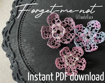 Forget-me-not flower brooch tatting pattern instant download Frivolite tutorial with diagram written instructions and video tutorials links