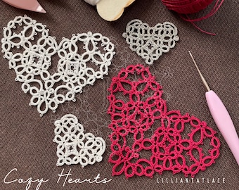 Cozy Hearts Tatting motif pattern for 2 shuttles for late beginner PDF download Christmas ornaments gift idea
