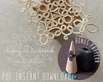 Lacy Diamond Motif with BONUS ring tatting pattern Instant download frivolite with English written instructions EASY with 2 shuttles