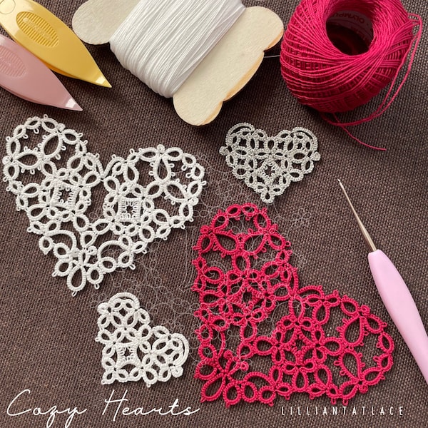 Cozy Hearts Tatting motif pattern for 2 shuttles for late beginner PDF download Christmas ornaments gift idea
