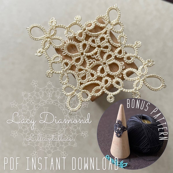 Lacy Diamond Motif with BONUS ring tatting pattern Instant download frivolite with English written instructions EASY with 2 shuttles