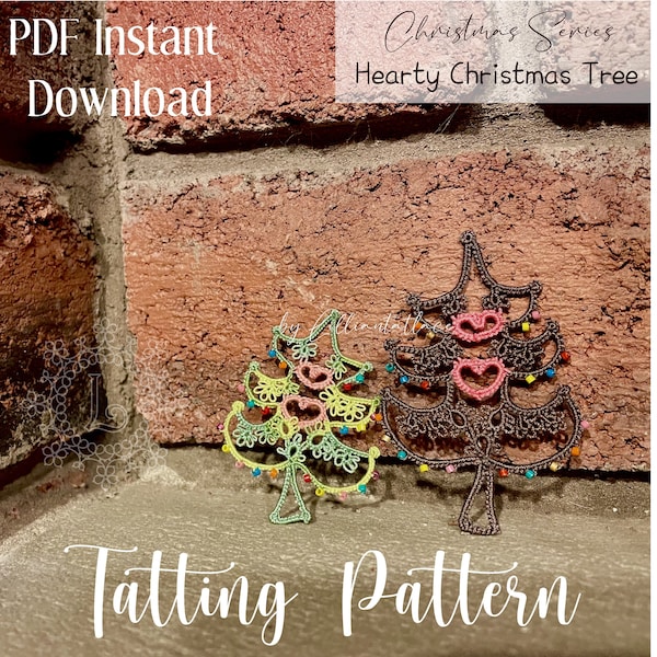 Tatting pattern Christmas Tree Hearty with hearts & beads, cute for decorations, Frivolite tutorial with video and written instructions